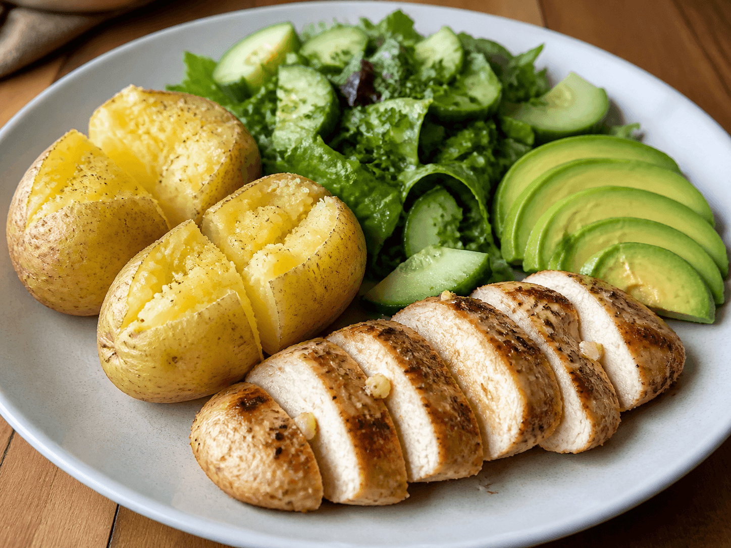 Papa amarilla al horno, pechuga de pollo y aguacate